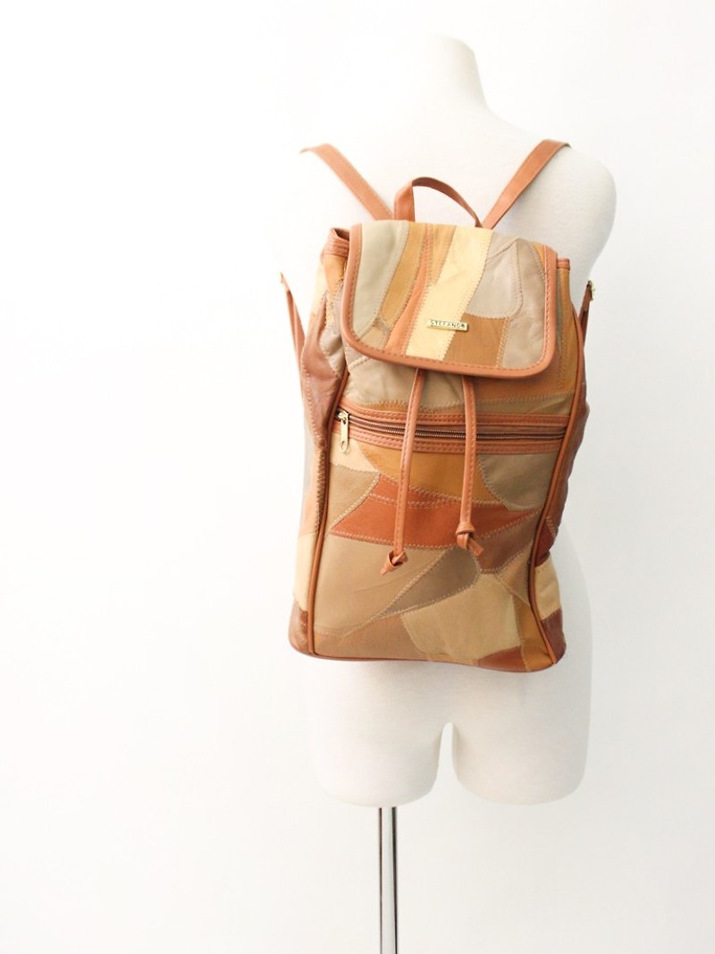 Vintage leather European camel multicolor block stitching backpack antique bag European Vintage Bag - Backpacks - Genuine Leather Orange