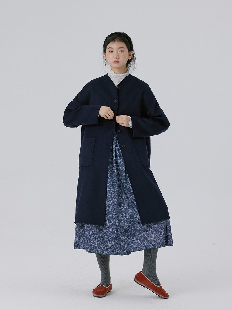 V-neck mid-length wool coat double-sided handmade long coat - เสื้อแจ็คเก็ต - ขนแกะ หลากหลายสี