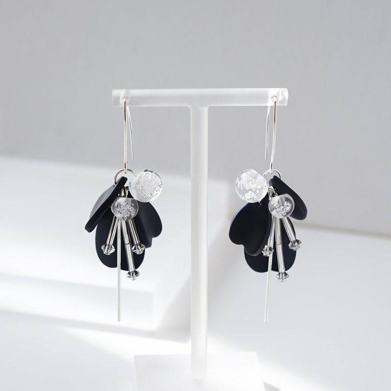 Odette Original Design Handmade Polymer Clay Dangle Petal Crystal 925 Sterling Silver Ear Hook Earrings - Earrings & Clip-ons - Pottery Blue