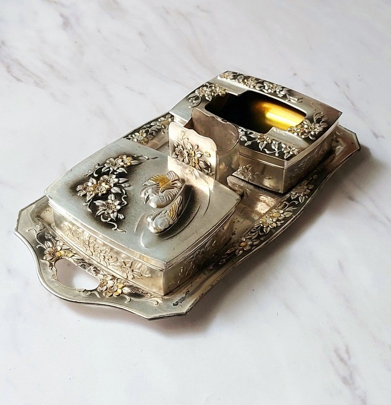 1940's-1950's World War II Allied Forces Trust Japan· Bronze Tire Silver Tray Cigarette Case Ashtray Set - อื่นๆ - ทองแดงทองเหลือง 