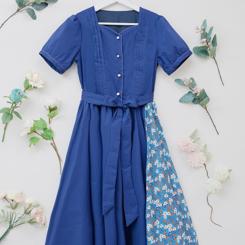 [Adult] Designed patchwork dress – Versailles Manor White Wild Berry - Parent-Child Clothing - Cotton & Hemp Blue