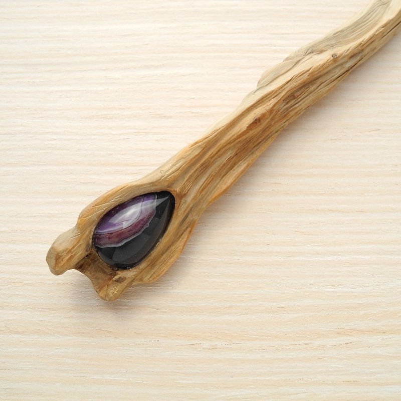Wooden hair pin with agate - 髮夾/髮飾 - 木頭 多色