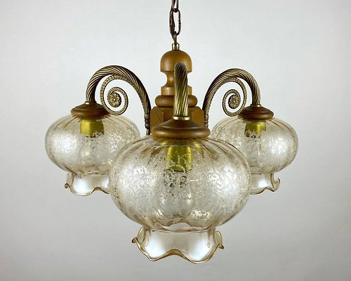 HappyDuckVintage 比利時木製和黃銅配件中的複古玻璃燈罩枝形吊燈
