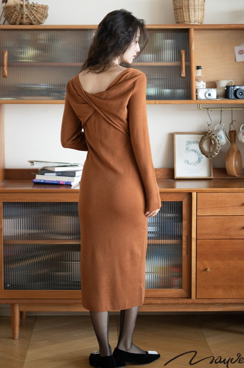 Wool Knit Knot Back Dress Two Tone - One Piece Dresses - Wool Brown