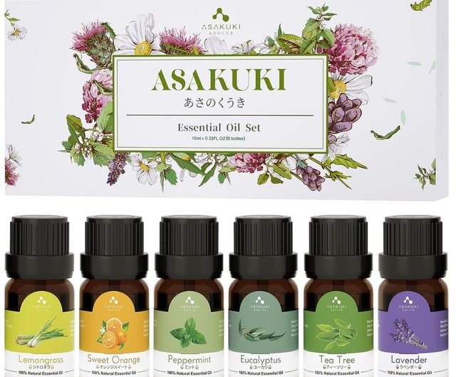 ASAKUKI Essential Oils Gift Set, 6 Pcs Diffuser Oils - Lavender,  Eucalyptus, Lemongrass, Tea Tree, Sweet Orange