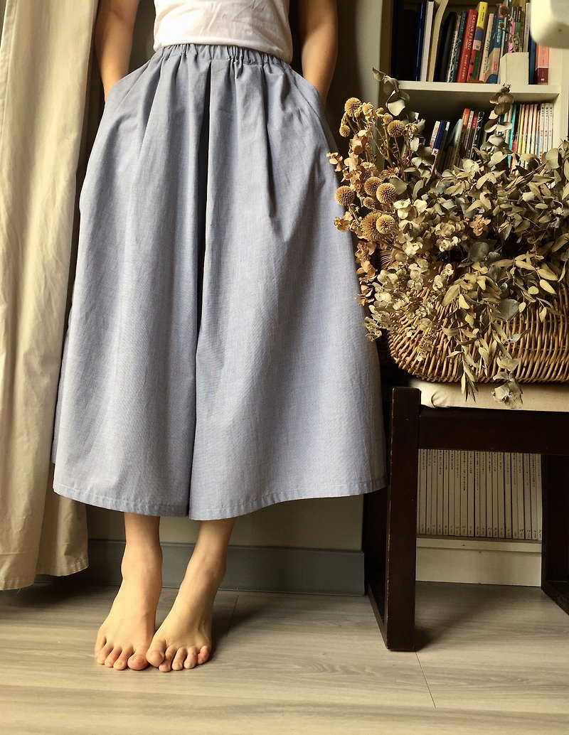 /Du Leli small gardener / gray blue pinstripe long version wide pants skirt 100% cotton suitable for midsummer - Skirts - Cotton & Hemp 