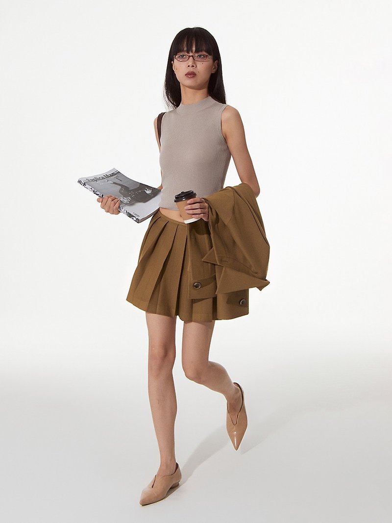 French style minimalist low waist pleated skirt - กระโปรง - วัสดุอื่นๆ สีนำ้ตาล