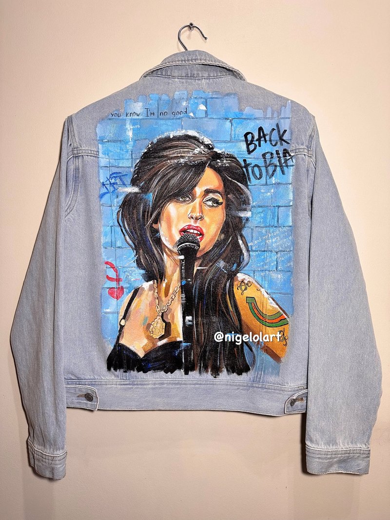 Painted Denim Jacket Amy Winehouse Custom jacket Gift personalized jacket - 女大衣/外套 - 棉．麻 多色