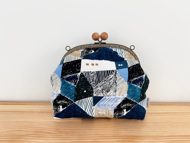 Blue House • Handmade flat kiss lock bag • Side backpack • Crossbody bag Japanese cotton and linen - Messenger Bags & Sling Bags - Cotton & Hemp Multicolor