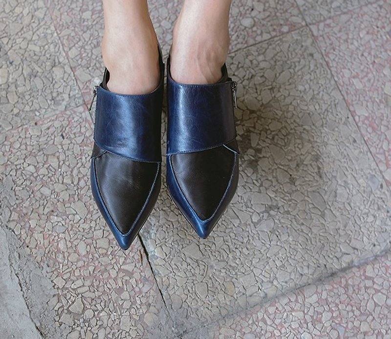 Clear short zipper pointed leather block heel shoes blue - รองเท้าส้นสูง - หนังแท้ สีน้ำเงิน