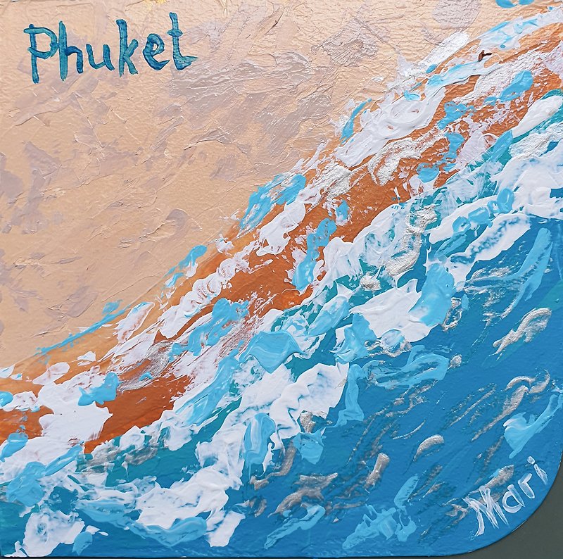 ビーチ サンド ペインティング プーケット タイ オリジナル アート シースケープ 休日 波 海の泡 - ポスター・絵 - その他の素材 ブルー