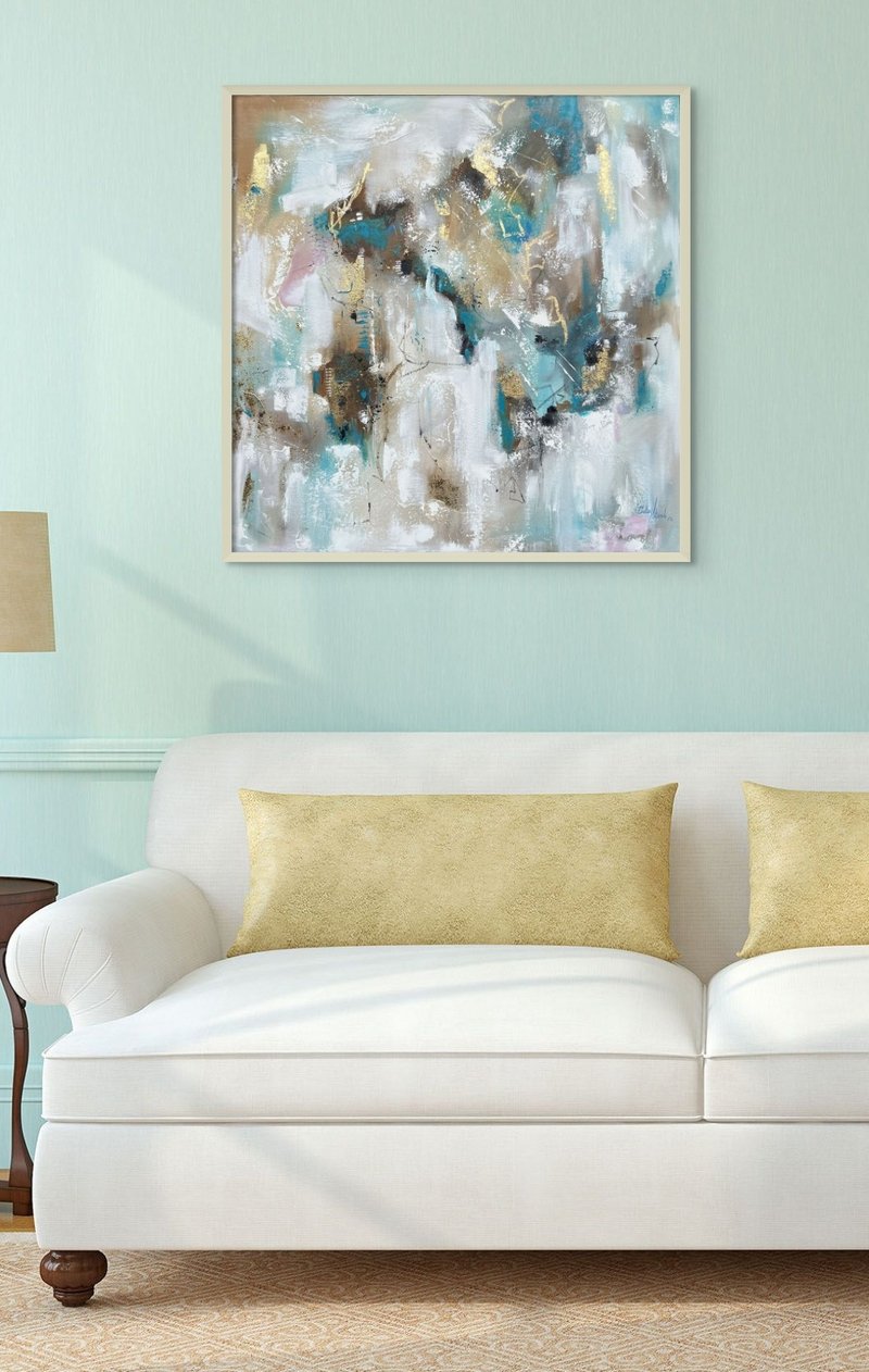 Large Abstract white teal oil painting on canvas Original painting - 壁貼/牆壁裝飾 - 棉．麻 透明