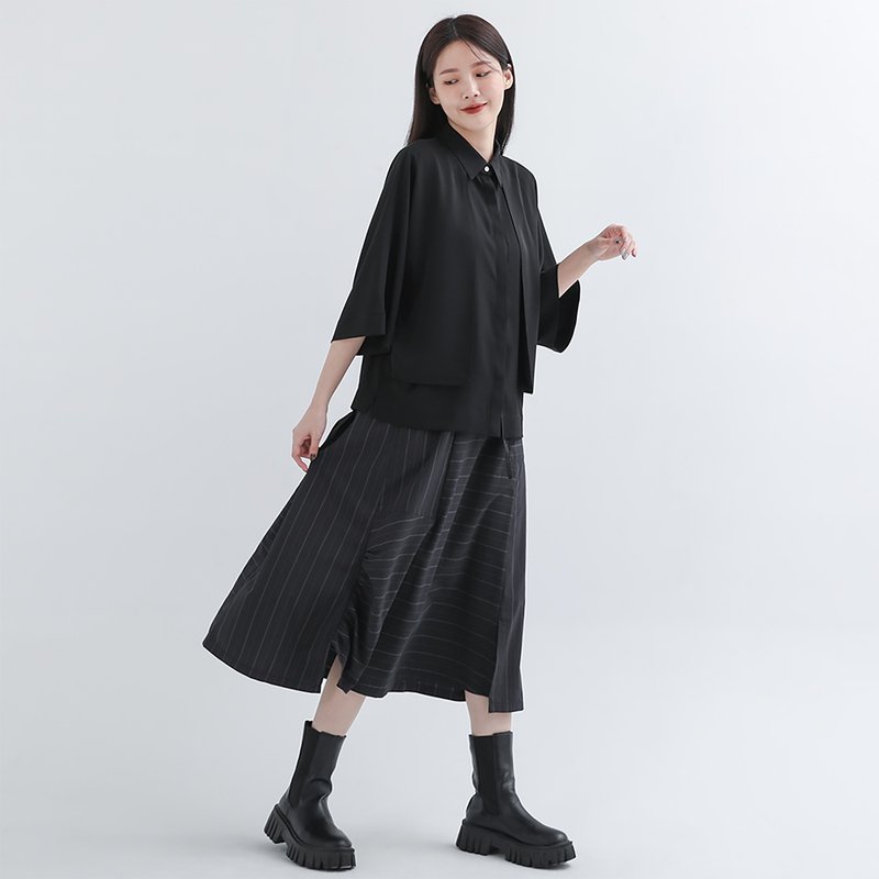 Lihe_離合不對稱裙_22SF201_黑條 - 裙子/長裙 - 聚酯纖維 多色