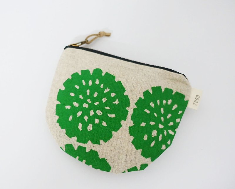 ハンドプリントシルク財布半円植物の花シリーズ - 小銭入れ - コットン・麻 グリーン