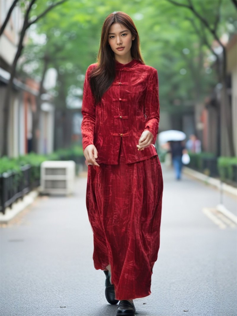 Red new Chinese style velvet suit with buttons, autumn and winter temperament, western-style engagement dress, toast dress, two-piece suit - Qipao - Other Man-Made Fibers Red