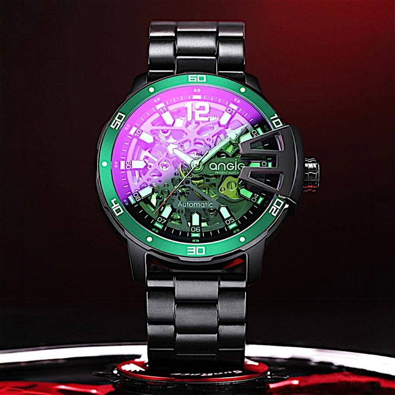 スケルトン グリーンリング スチールバンドモデル マットブラック - 男女兼用（ユニセックス）腕時計 - ステンレススチール 