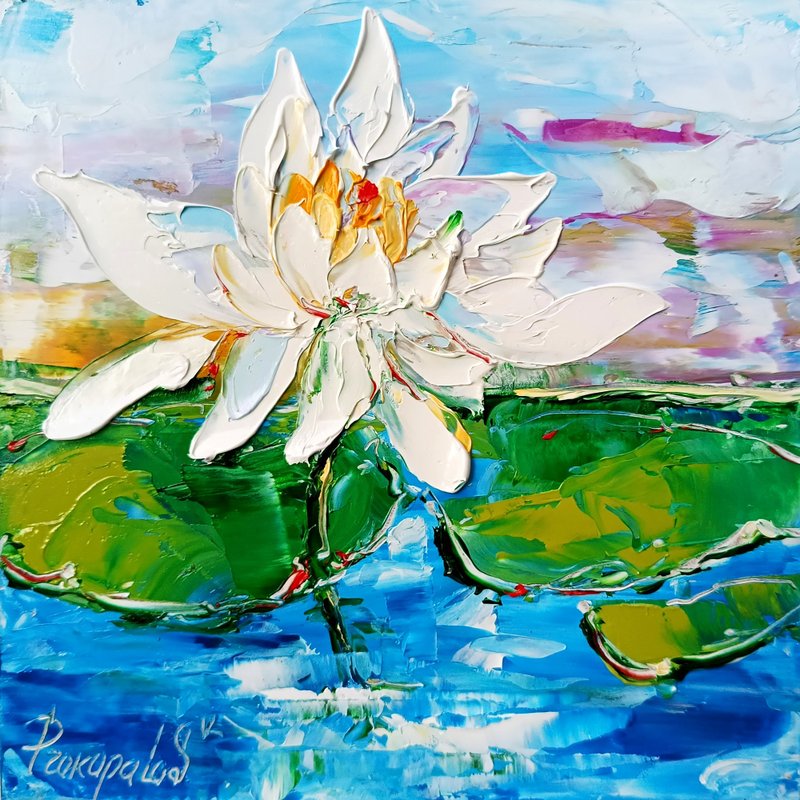 Water Lily Painting Original Art Impasto Painting Lotus Flower Floral Oil Art - 壁貼/牆壁裝飾 - 其他材質 白色