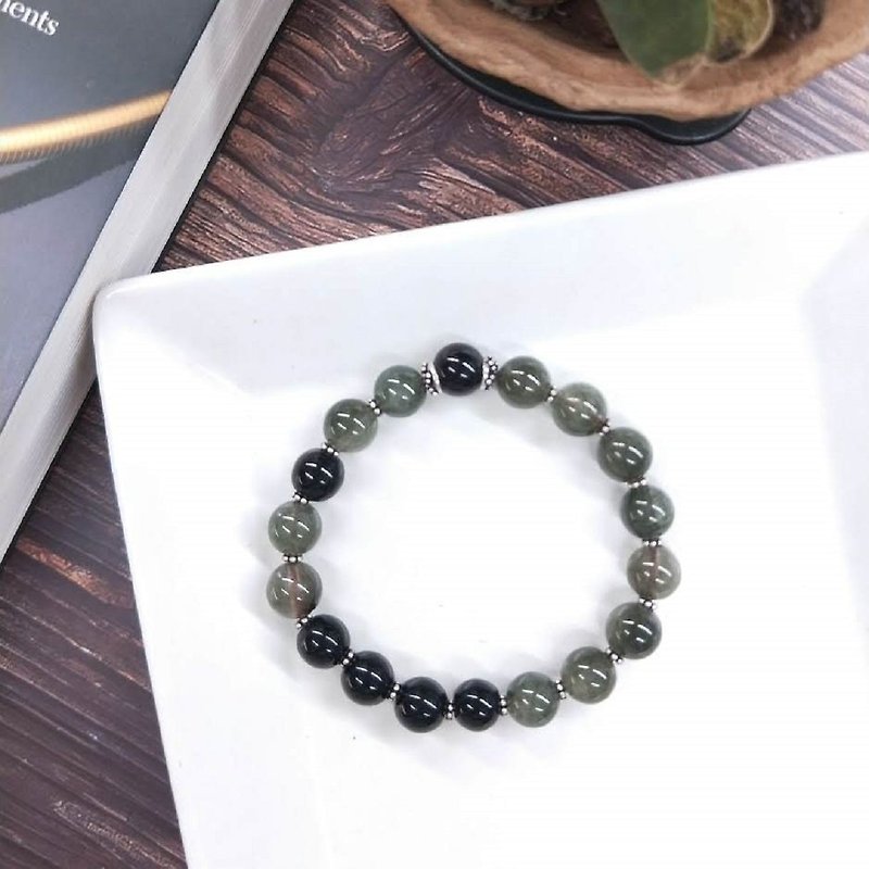 Bracelet. Green hair crystal*black glass*pure silver septum neutral wild bracelet - Bracelets - Gemstone Green