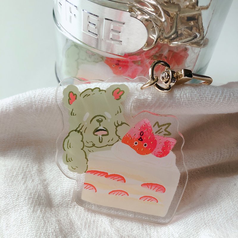 OH! It is a strawberry cake! - Fluffy bear keychain or charm - Keychains - Acrylic Multicolor