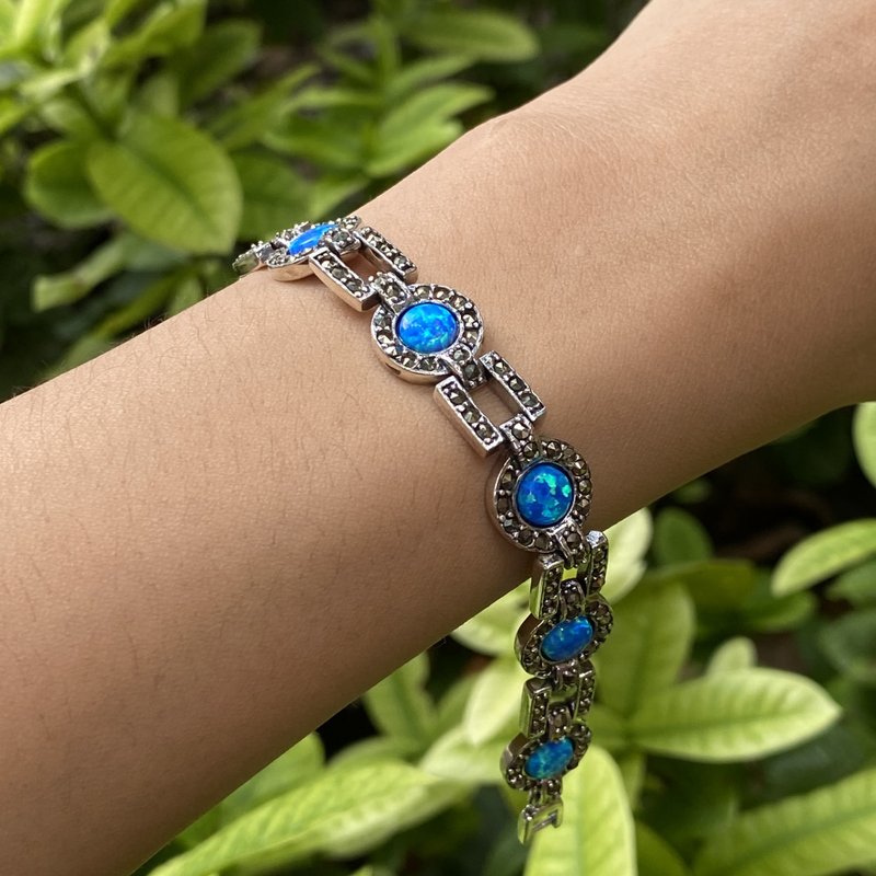 Art Deco Dark Blue Gilson Opal & Marcasite Tennis Bracelet 925 Sterling Silver - 手鍊/手環 - 純銀 藍色