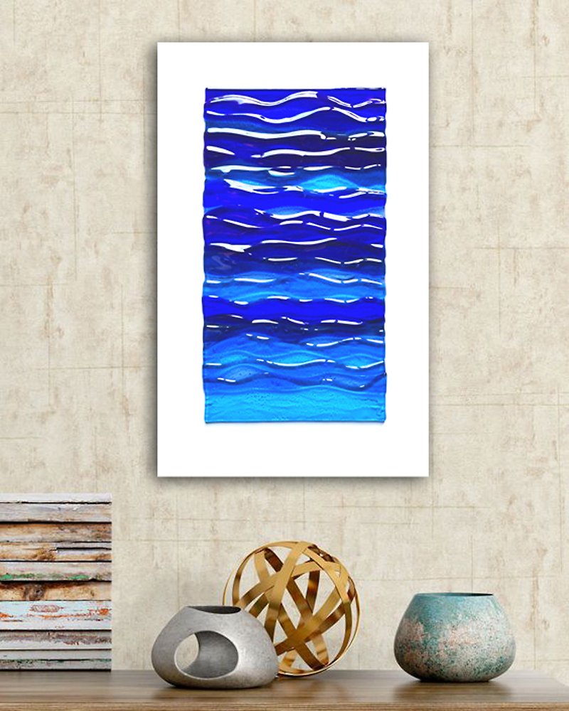 Fused glass wall art, coastal ocean wall art decor, sea waves wall panel. - Wall Décor - Glass Blue