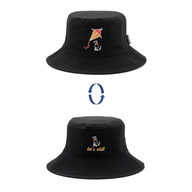 Let's Chill Dog Kite Embroidery 2-side Reversible Bucket Hat (Black) - Hats & Caps - Cotton & Hemp Black