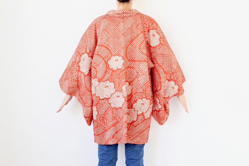 floral Shibori kimono, haori, tie dye kimono, floral robe /4054 - เสื้อแจ็คเก็ต - ผ้าไหม สีแดง