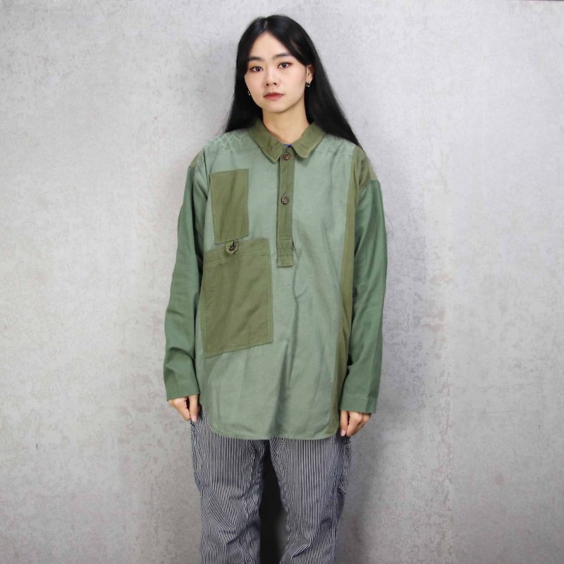 Tsubasa.Y Ancient House 009 re-splicing long-sleeved military lining, stitching military green shirt - เสื้อเชิ้ตผู้ชาย - ผ้าฝ้าย/ผ้าลินิน 