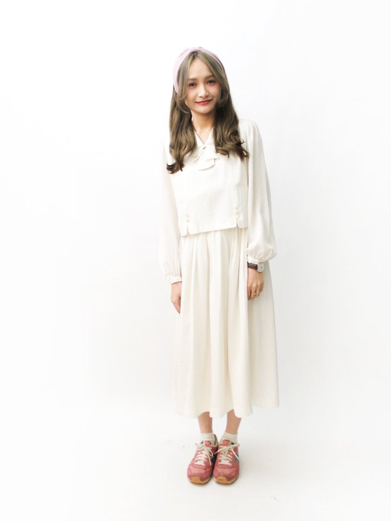 [RE0322D1041] Nippon Department of Forestry sweet minimalist beige spring and summer leave two long-sleeved vintage dress - One Piece Dresses - Polyester White