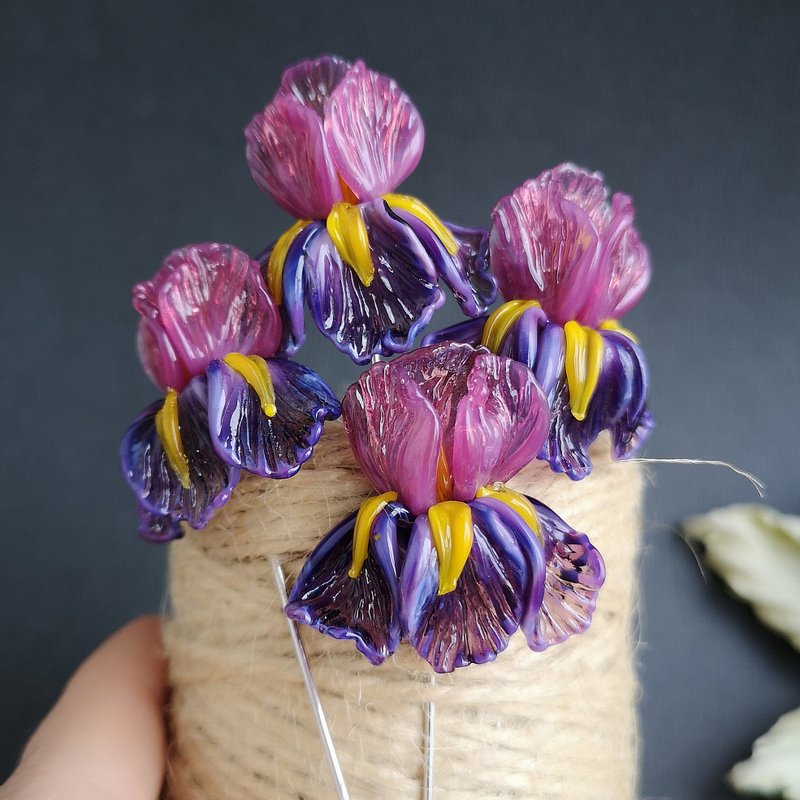 Iris Flower Bead, 1 pcs Lampwork Glass 3D Flower Iris Beads, 25x27 mm - 陶藝/玻璃 - 玻璃 紫色