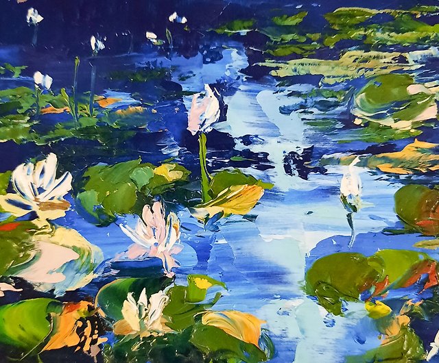 池の絵 オリジナル油絵 抽象風景画 睡蓮アート - ショップ AsheArt 
