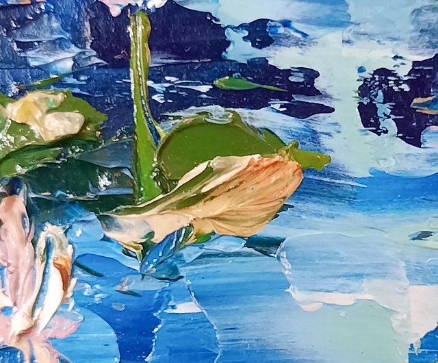 池の絵 オリジナル油絵 抽象風景画 睡蓮アート - ショップ AsheArt 