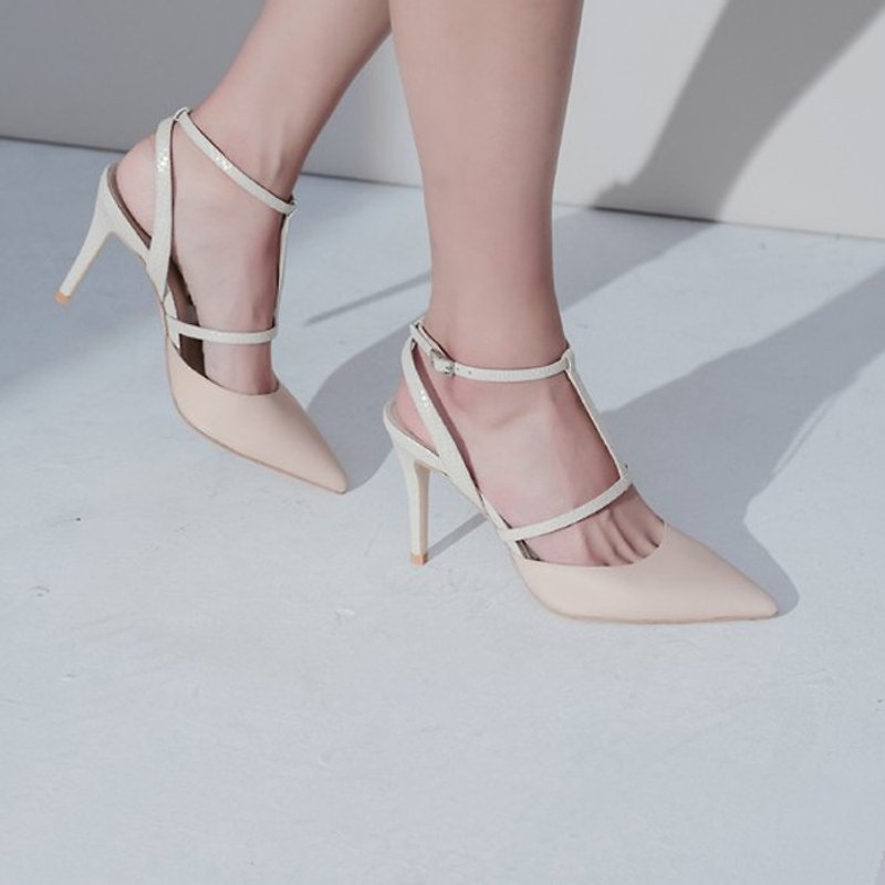 I-shaped structure around the ankle tip leather high heels apricot - High Heels - Genuine Leather Khaki