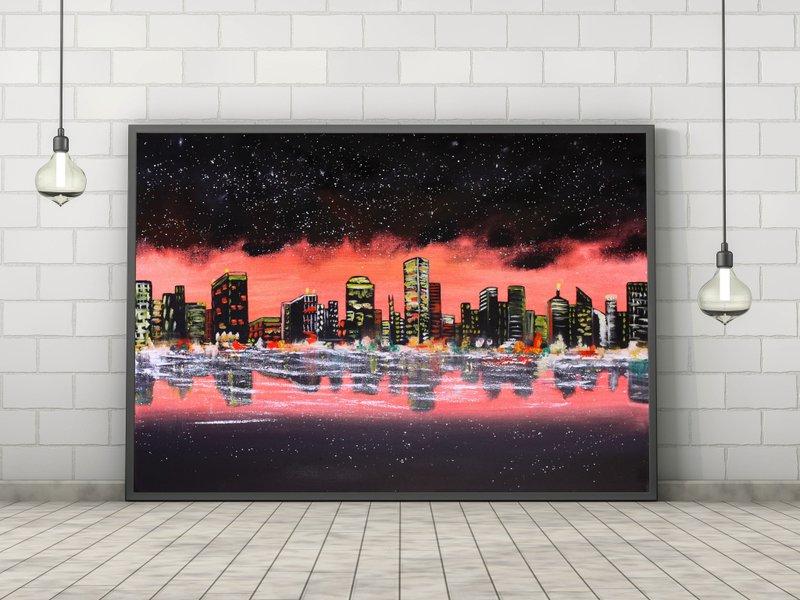 Night Coastal Cityscape: Modern Urban Oil Painting - Wall Décor - Cotton & Hemp Multicolor