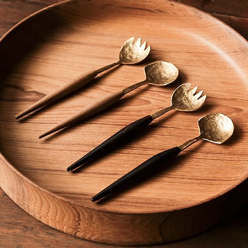 堂上燕 手工黃銅木質勺子家用甜品勺甜品叉柚木黑檀木柄勺子叉子套裝日式
