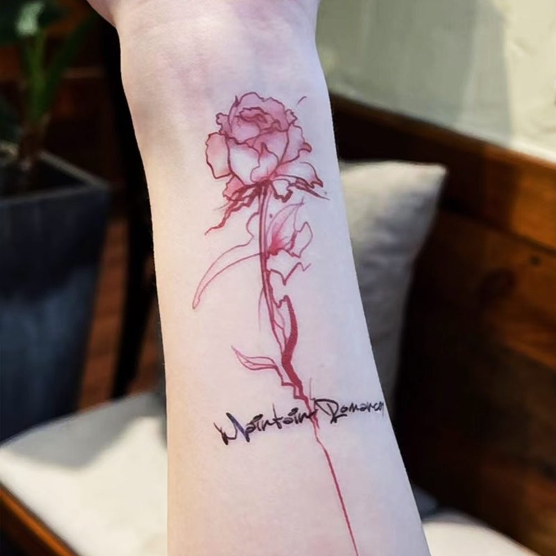 發2張【簡約玫瑰花】-手腕貼-刺青高級感防水紋身貼 - 紋身貼紙/刺青貼紙 - 紙 紅色