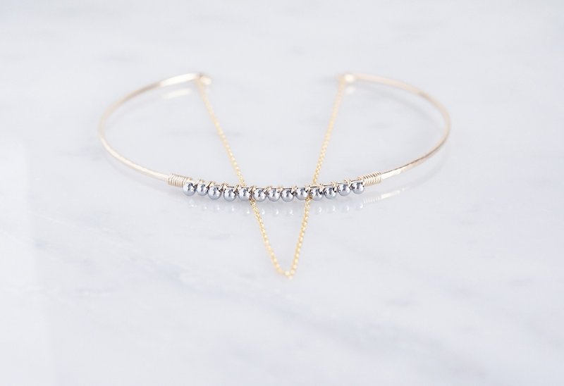 【14KGF】Hammered Open Chain Wire Bangle-Silver Hematite- - Bracelets - Gemstone Gold