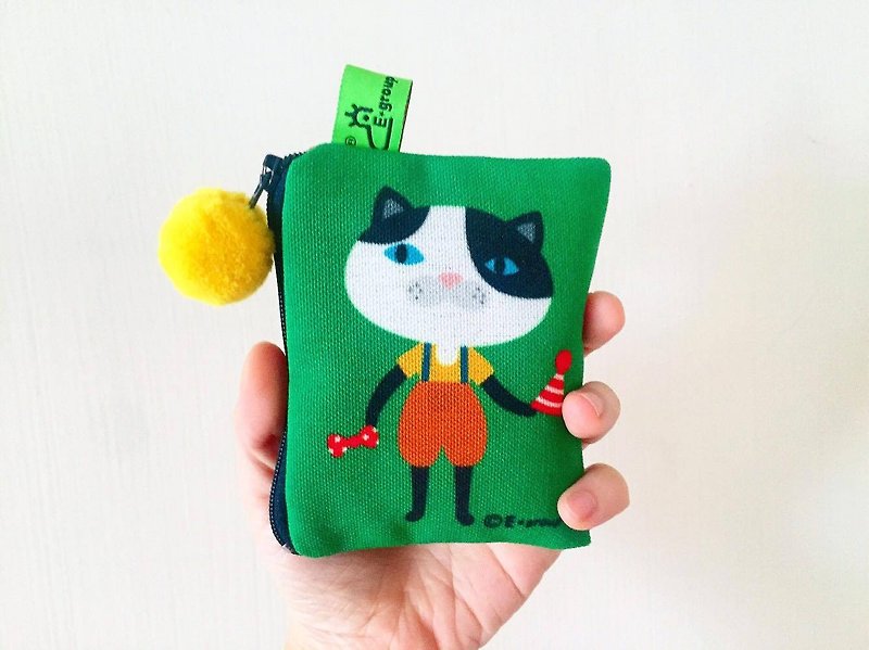 E*group small square bag double-sided design teddy earth coin purse card bag cat - Wallets - Cotton & Hemp Green