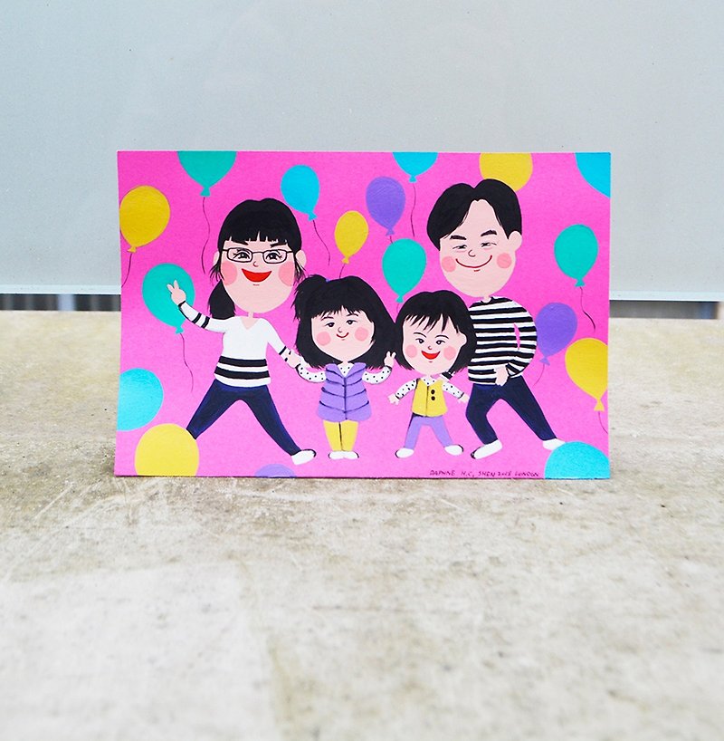 Cute custom family portrait-4 person parent-child portrait birthday/Valentine's Day/Wedding/Christmas/Mother's Day - ภาพวาดบุคคล - กระดาษ สึชมพู