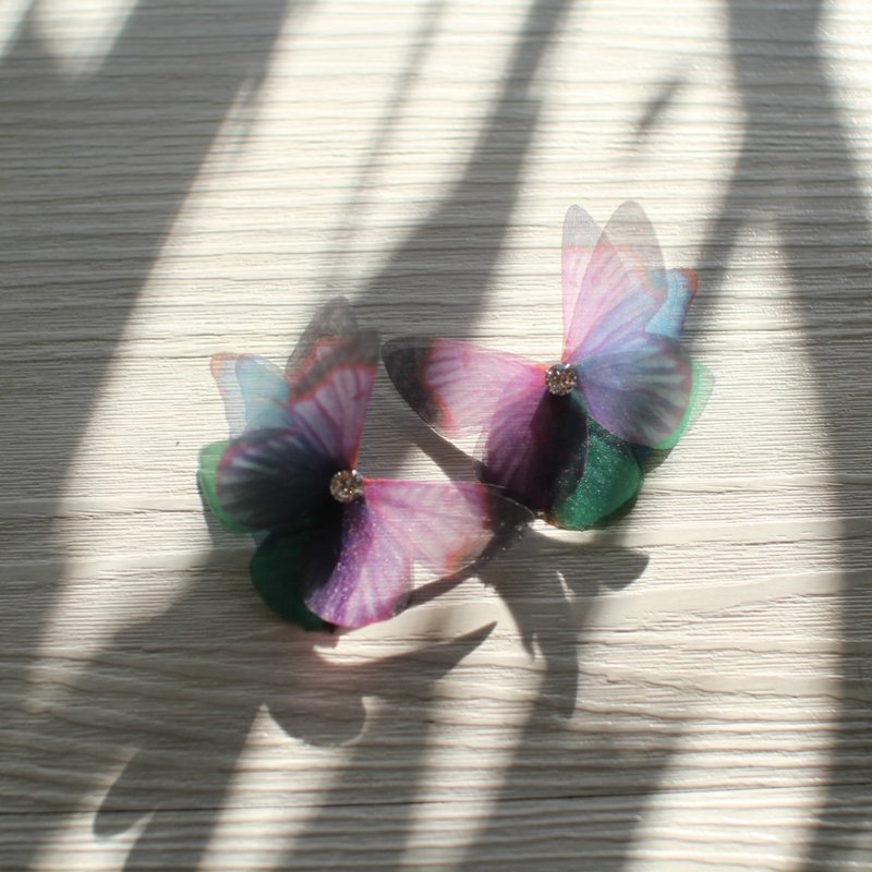 A pair of butterfly tulle earrings & rhinestone 925 silver ear pin pierced or clip-on earring - Earrings & Clip-ons - Silk Purple