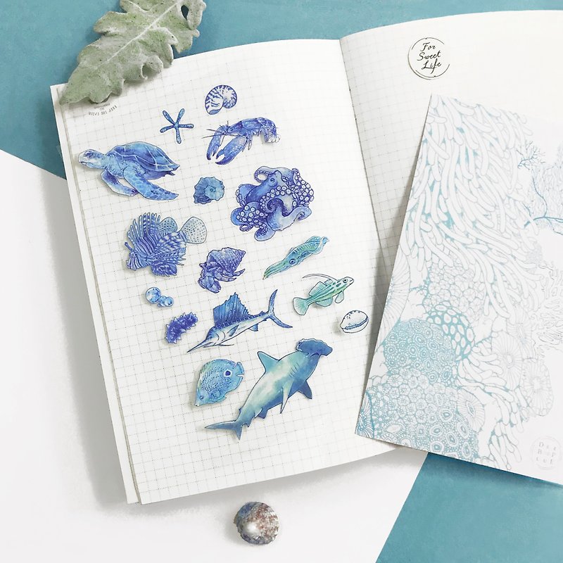 Deep Blue Watercolor Hand Painted Marine Life/Transparent White Ink Sticker-Blue - Stickers - Paper Blue