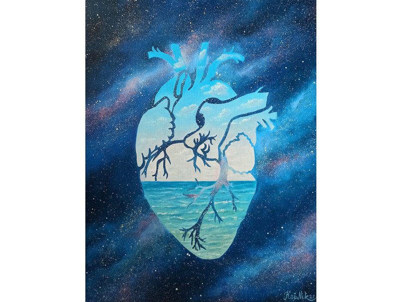 Space Painting Galaxy Canvas Oil Painting Surrealism Original Art Seascape Heart - 海報/掛畫/掛布 - 其他材質 藍色