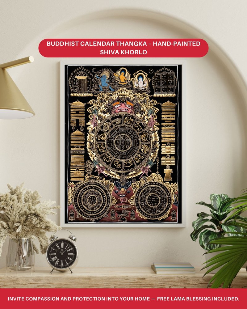 Buddhist Calendar Wall Art – Traditional Tibetan Thangka of Time - Wall Décor - Other Materials Multicolor