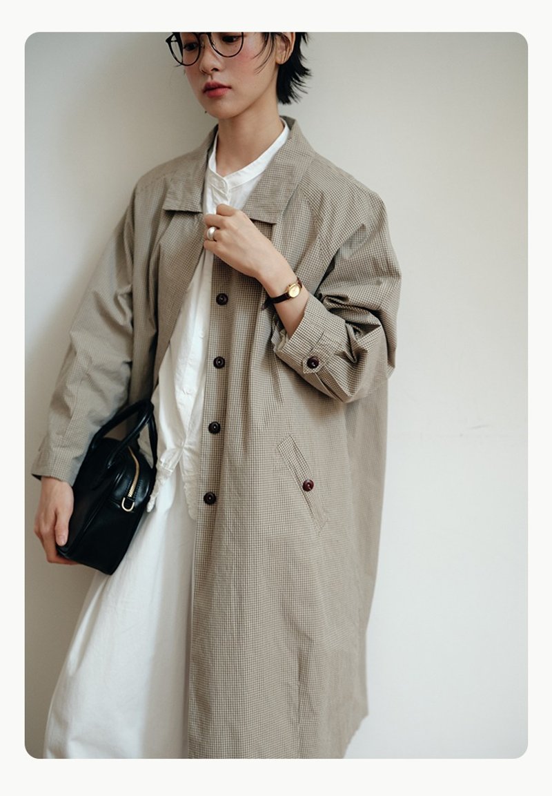 Cotton plaid trench coat cocoon long sleeve jacket - เสื้อสูท/เสื้อคลุมยาว - ผ้าฝ้าย/ผ้าลินิน หลากหลายสี