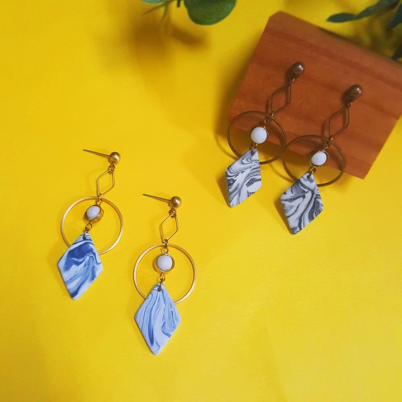 It's Your Sea Series-Geometrical Diamond Shaped Marble Earrings (Ear Pins/ Clip-On ) - Earrings & Clip-ons - Copper & Brass Blue