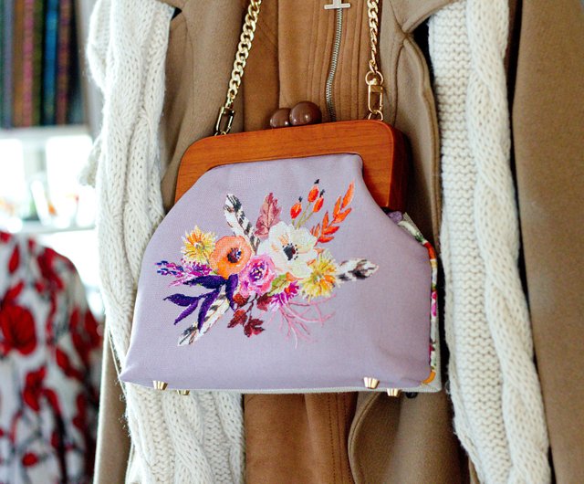 Handmade shoulder bag with cross stitched Boho bouquet