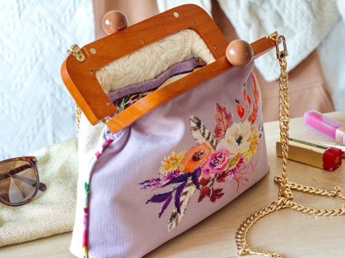 Handmade shoulder bag with cross stitched Boho bouquet