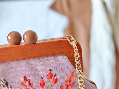 Handmade shoulder bag with cross stitched Boho bouquet