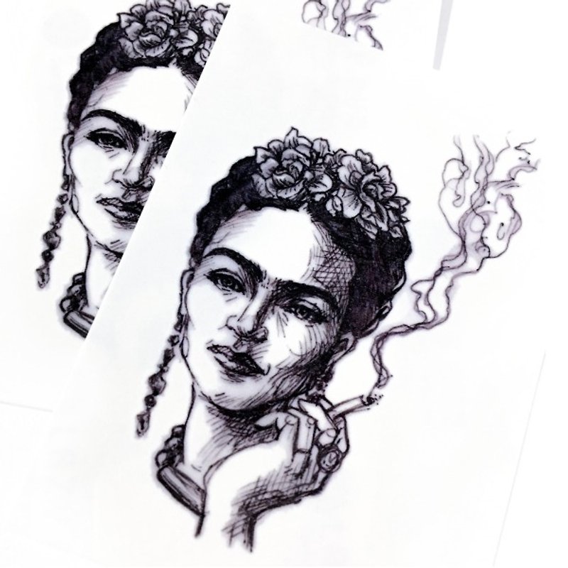 手繪人像刺青紋身貼紙經典藝術家女畫家芙烈達卡蘿Frida Kahlo HK - 紋身貼紙/刺青貼紙 - 紙 黑色