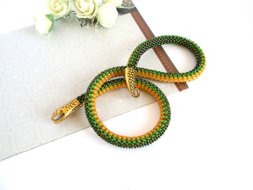 Handmade By Nataniel Beaded Snake Green bracelet for women Ouroboros jewelry Snake rope